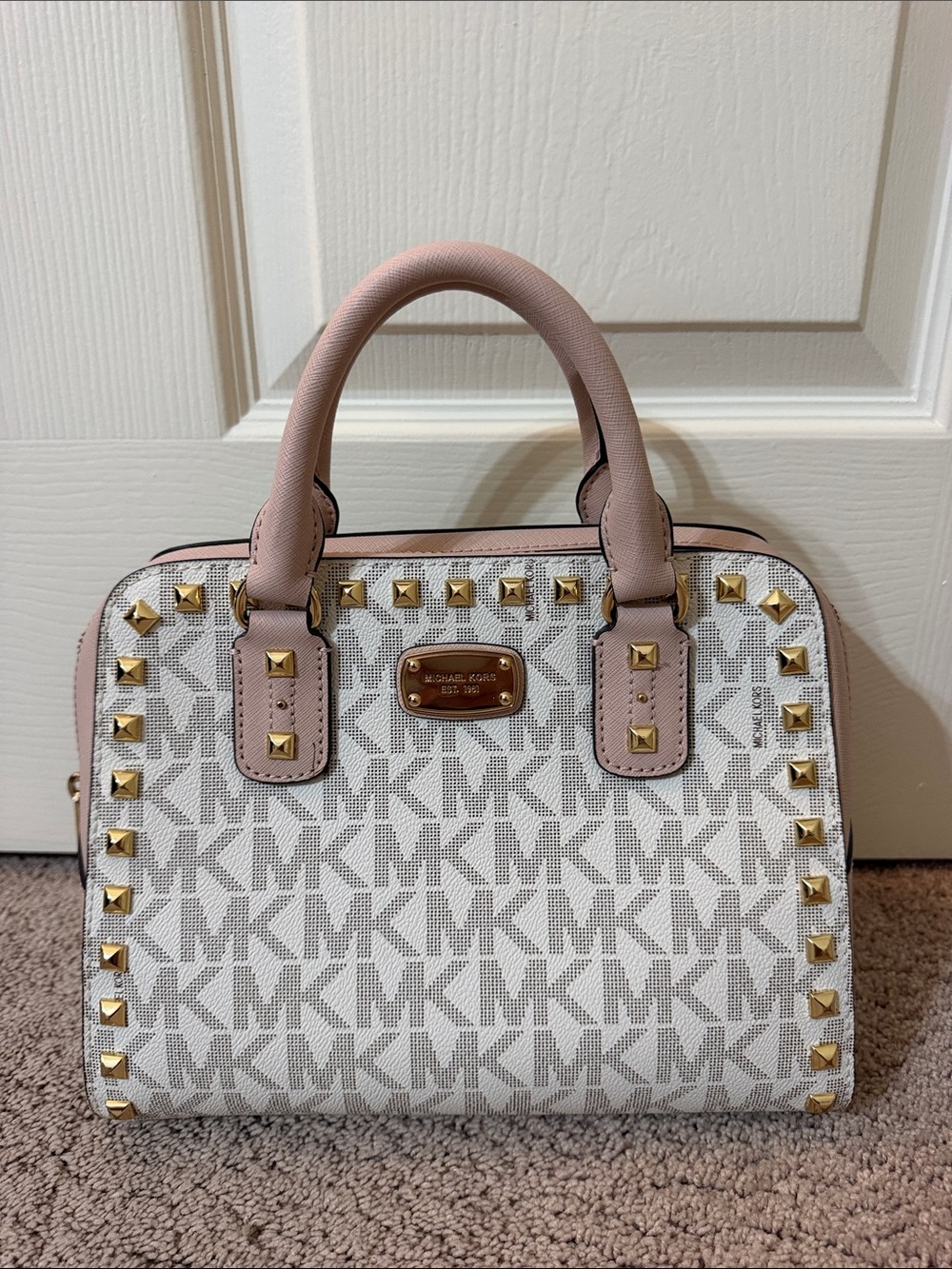 Michael Kors White Logo Canvas Satchel with Pink Trim and Gold Studs